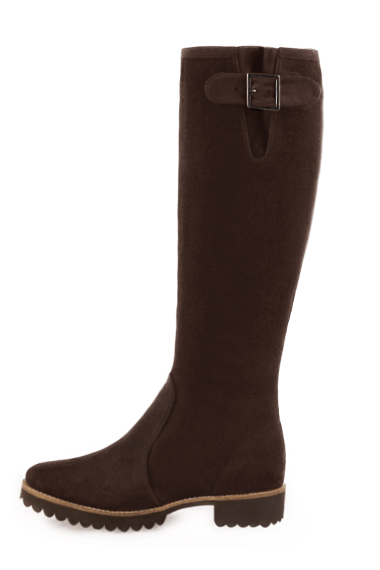 Dark brown women's knee-high boots with buckles. Round toe. Flat rubber soles. Made to measure. Profile view - Florence KOOIJMAN